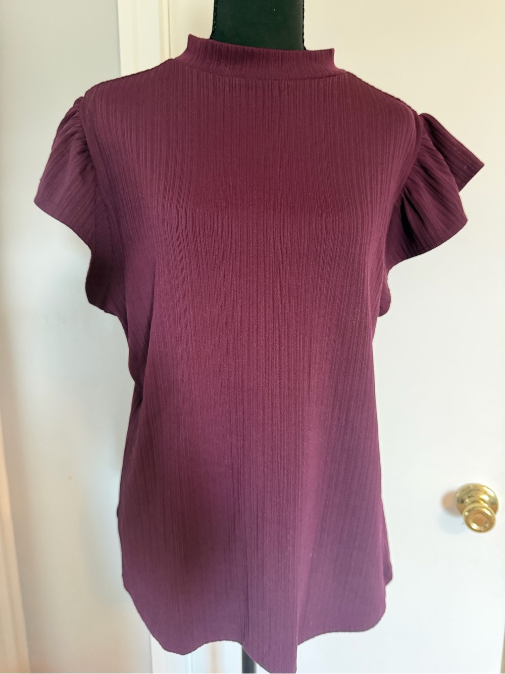 Ann Taylor Plum Ribbed Flutter Sleeve Mock Neck Top